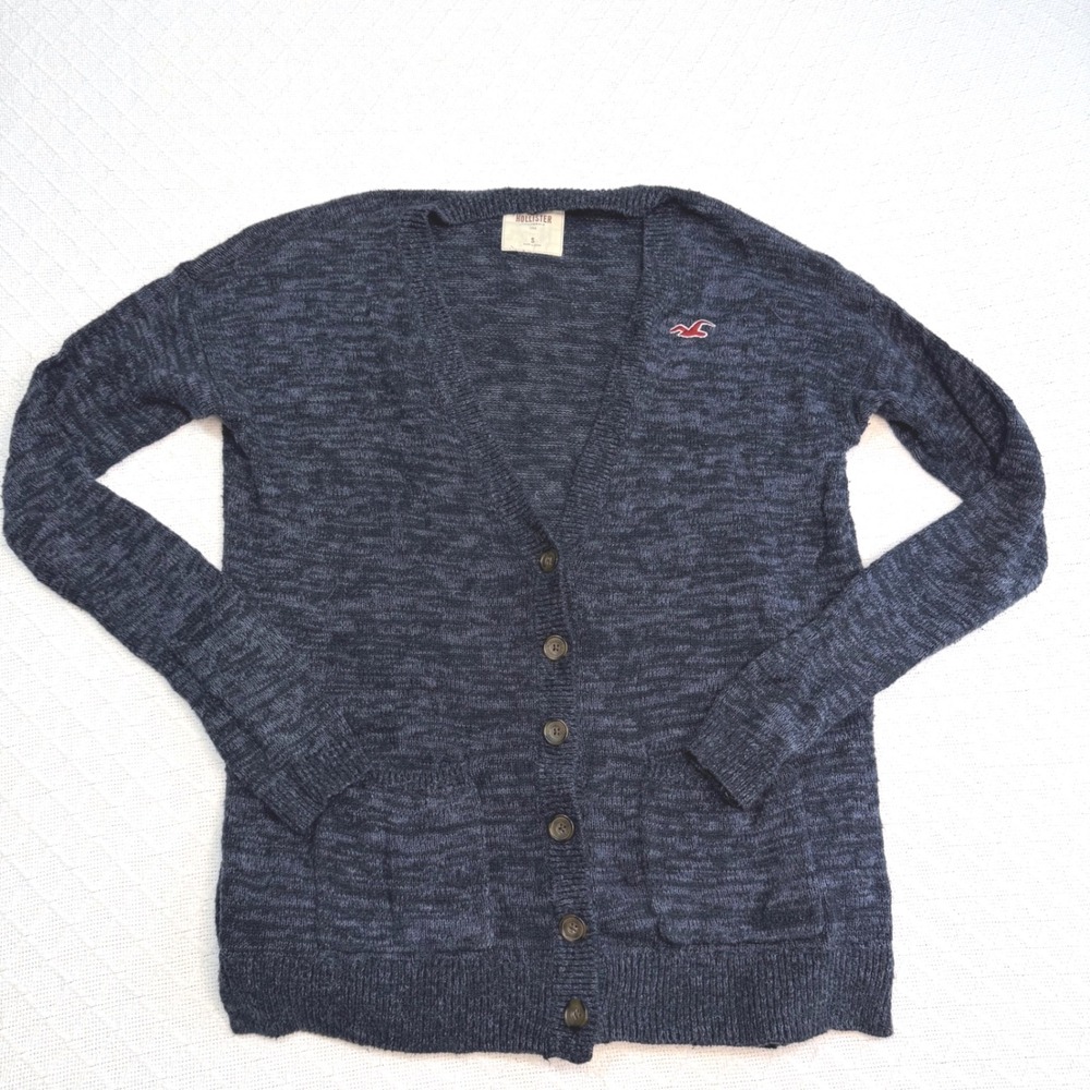 Hollister Mens Navy Blue Marl Knit Button Front V-Neck Cardigan Sweater Small